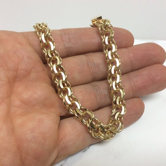 14K Yellow Real Solid Gold 8.8mm double Circle Curb Link Charm Bracelet 8'' 27.5 - Picture 5 of 8